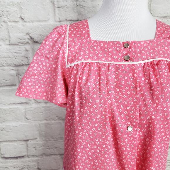 VTG Pink White Floral House Day Dress Pearl Snap Front Short Sleeve Pocket Sz S - Picture 6 of 14